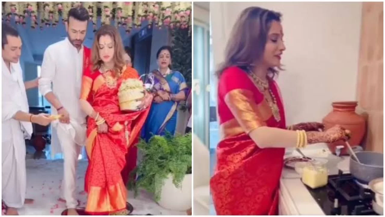 अंकिता लोखंडे ने लाल साड़ी पहनकर किया गृह प्रवेश, हाथों में कंगन, गले में सोने का हार… देखें इनसाइड Photos