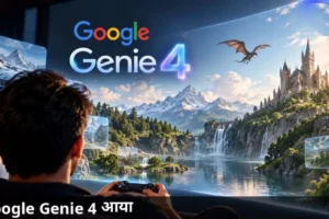 Google Genie 4 की डिजिटल दुनिया देखते हुए एक व्यक्ति, पहाड़, झरना और किला दिख रहा है