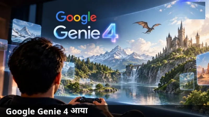 Google Genie 4 की डिजिटल दुनिया देखते हुए एक व्यक्ति, पहाड़, झरना और किला दिख रहा है