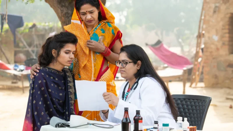 स्कूल के मेडिकल रूम में बच्चे की जांच करती प्रशिक्षित स्वास्थ्यकर्मी